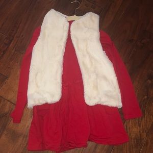 Red dress with white faux fur vest
